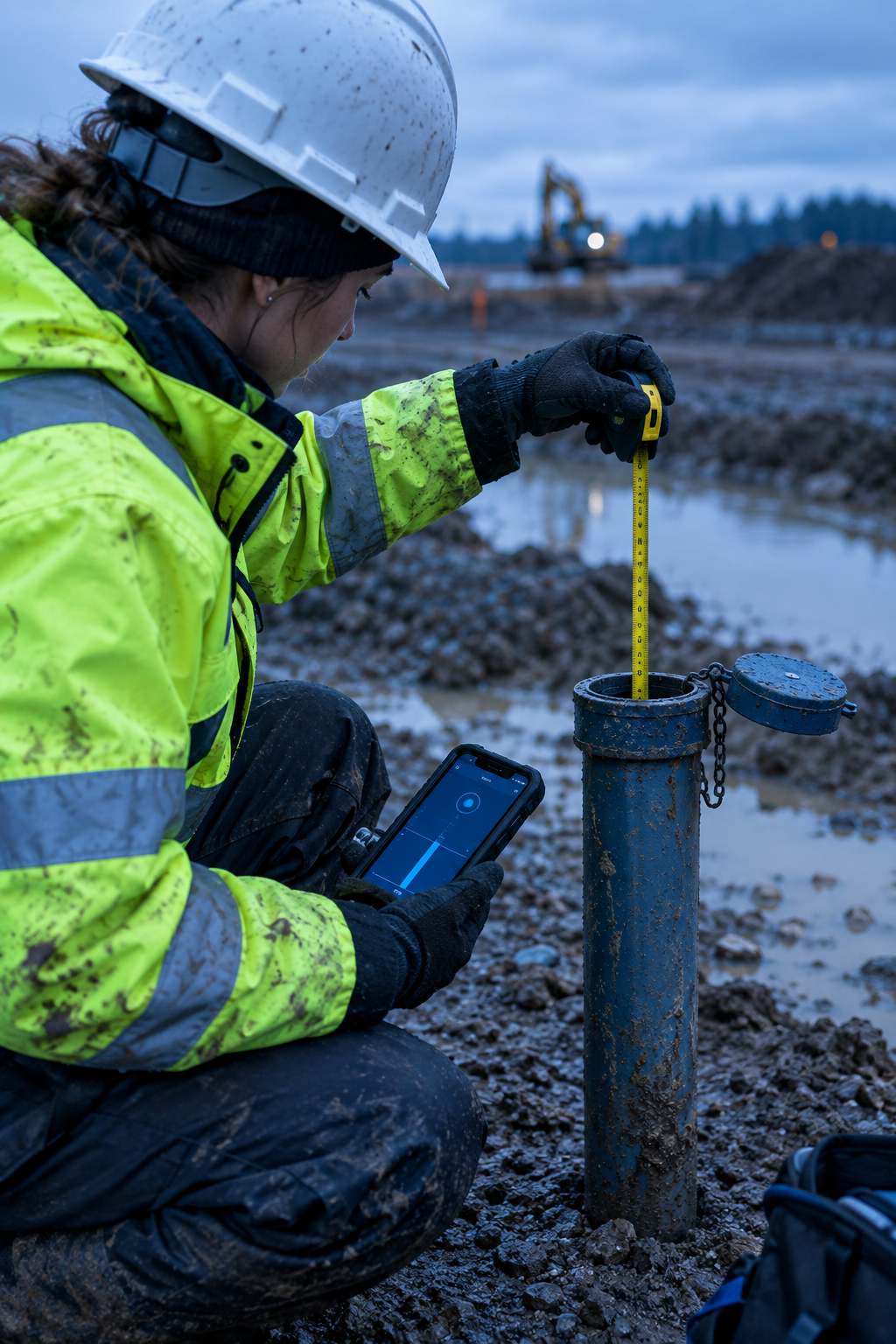 Field crew member taking a groundwater level measurement at an observation well